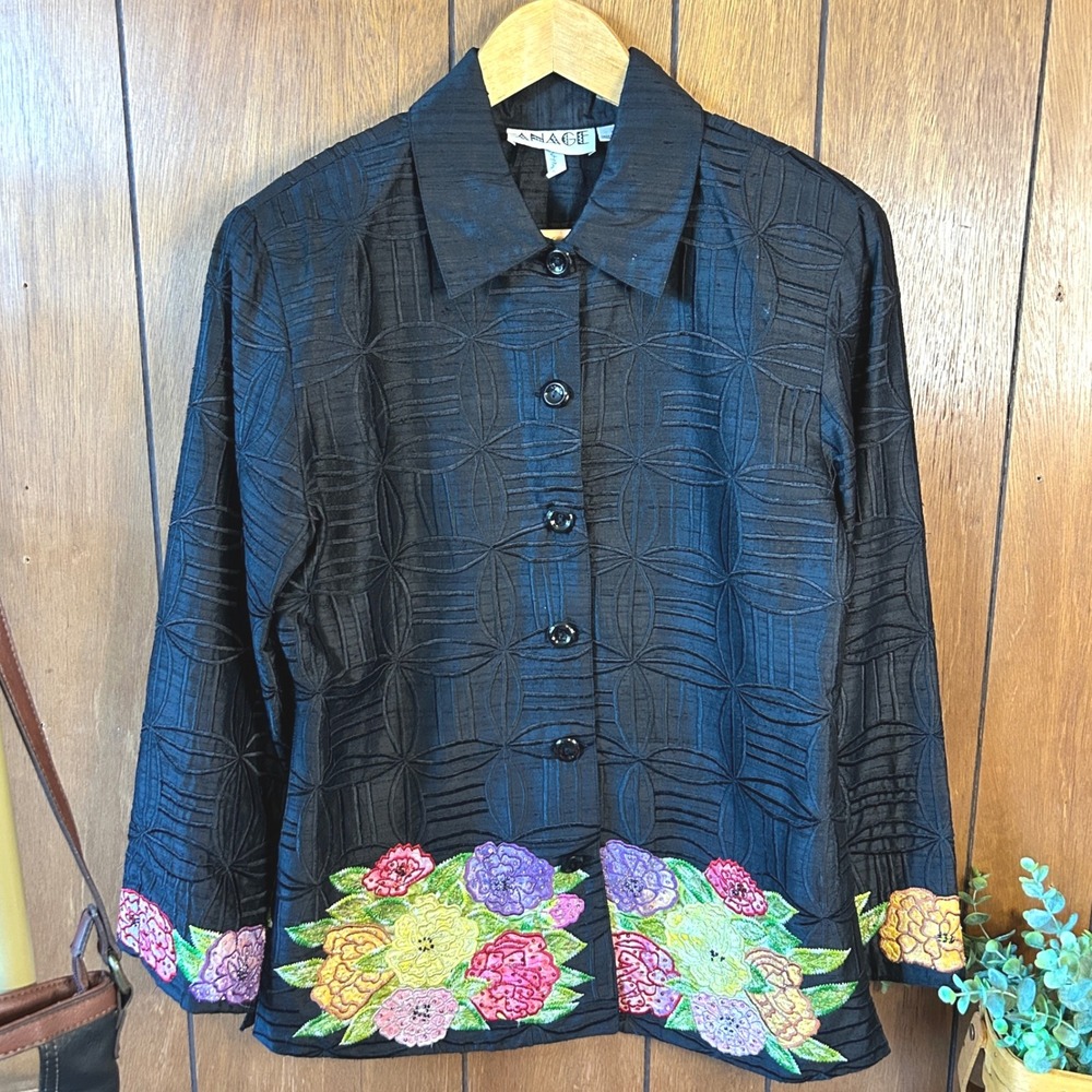 Vintage‎ Anage Silk Jacket Floral Embroidered Beaded Button Up India Black S